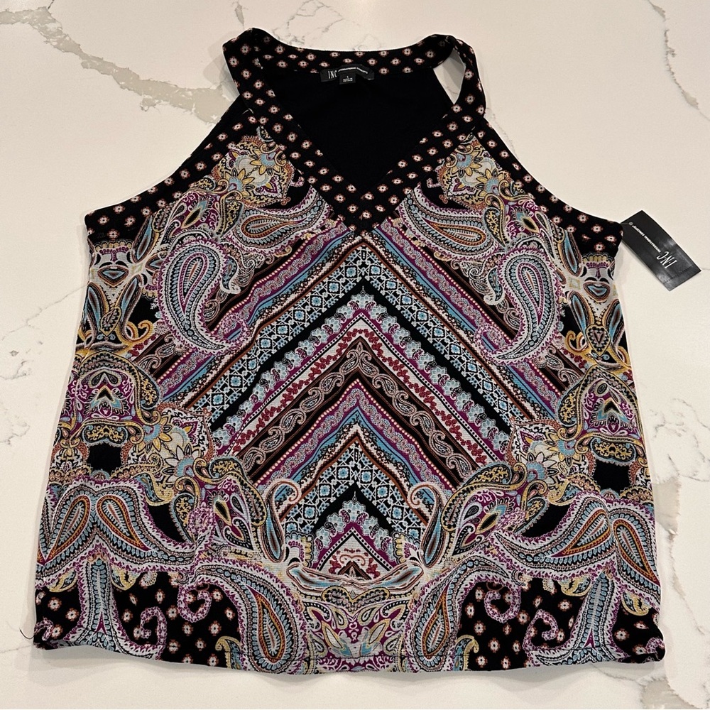 INC International Concepts Black Paisley Halter Camisole with Multicolor Accents